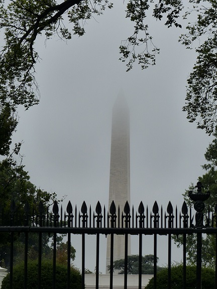 Washington Monument in low cloud
